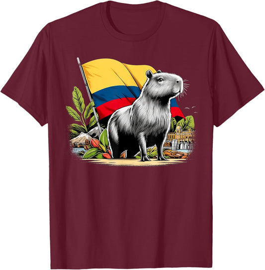 Proud Colombian Capybara Colombia Flag - National Day T-Shirt - T-Shirt | Maroon