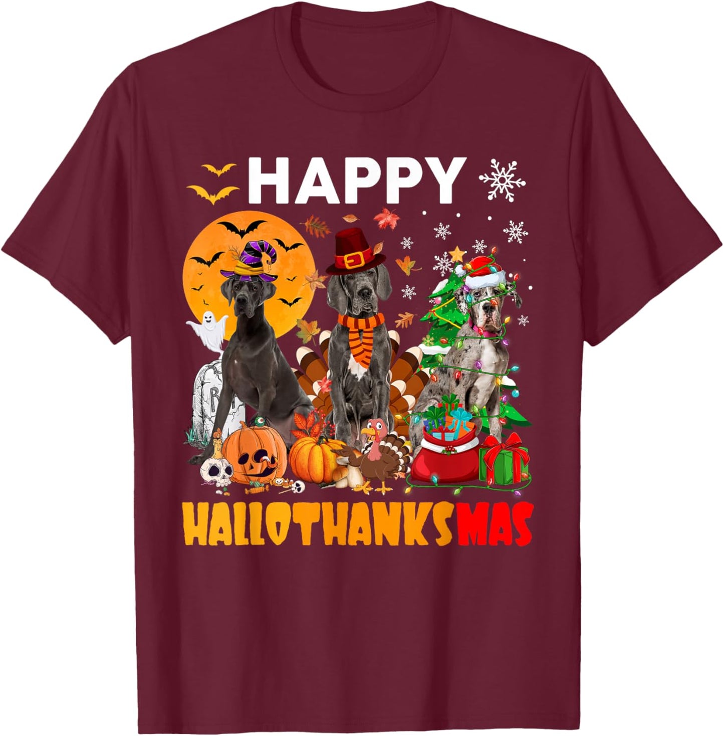 Funny Witch Turkey Santa Great Dane Dog Happy HalloThanksMas T-Shirt - T-Shirt | Maroon