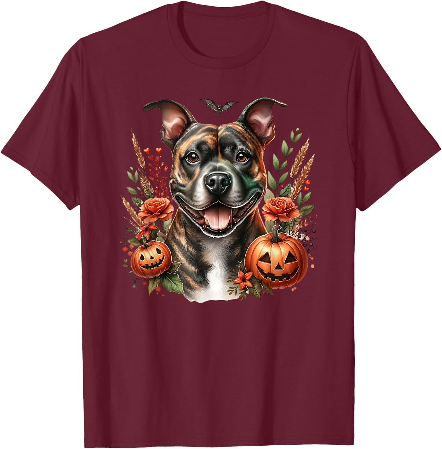 Brindle Pitbull Staffy Amstaff Dog Halloween Watercolor T-Shirt - T-Shirt | Maroon