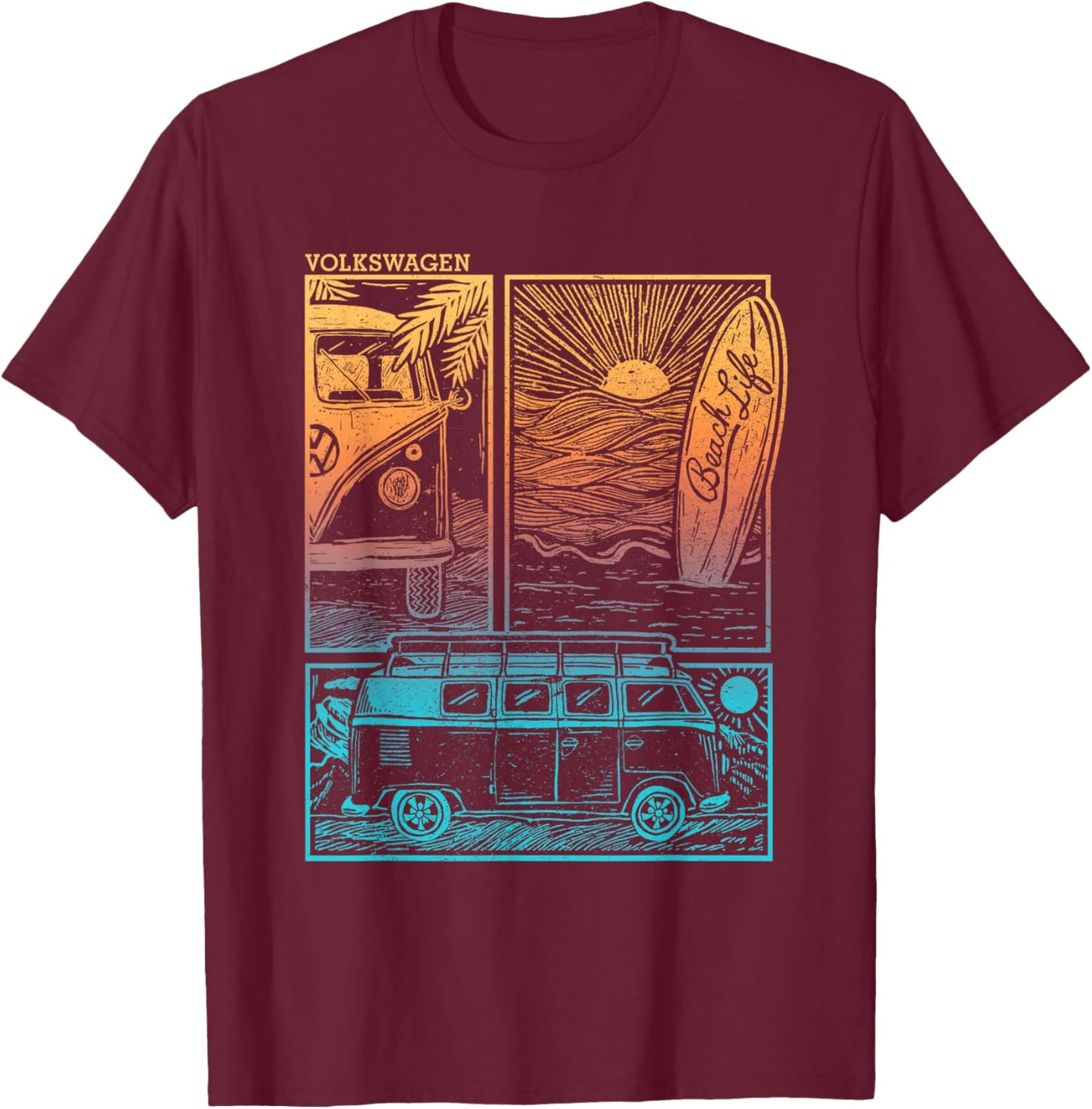 Volkswagen Beach Life Camper Sunset Doodle T-Shirt - T-Shirt | Maroon