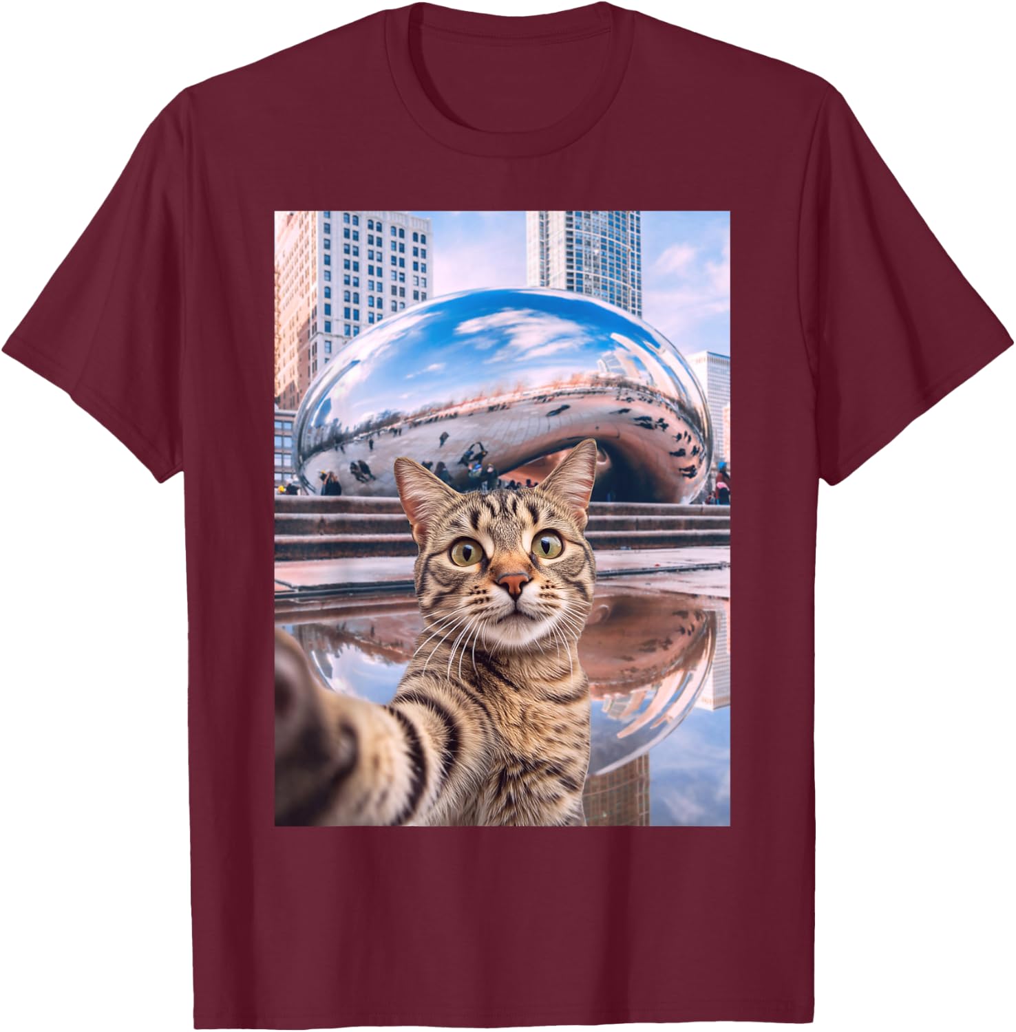 Funny Cat Selfie Chicago Bean Cloud Gate T-Shirt - T-Shirt | Maroon