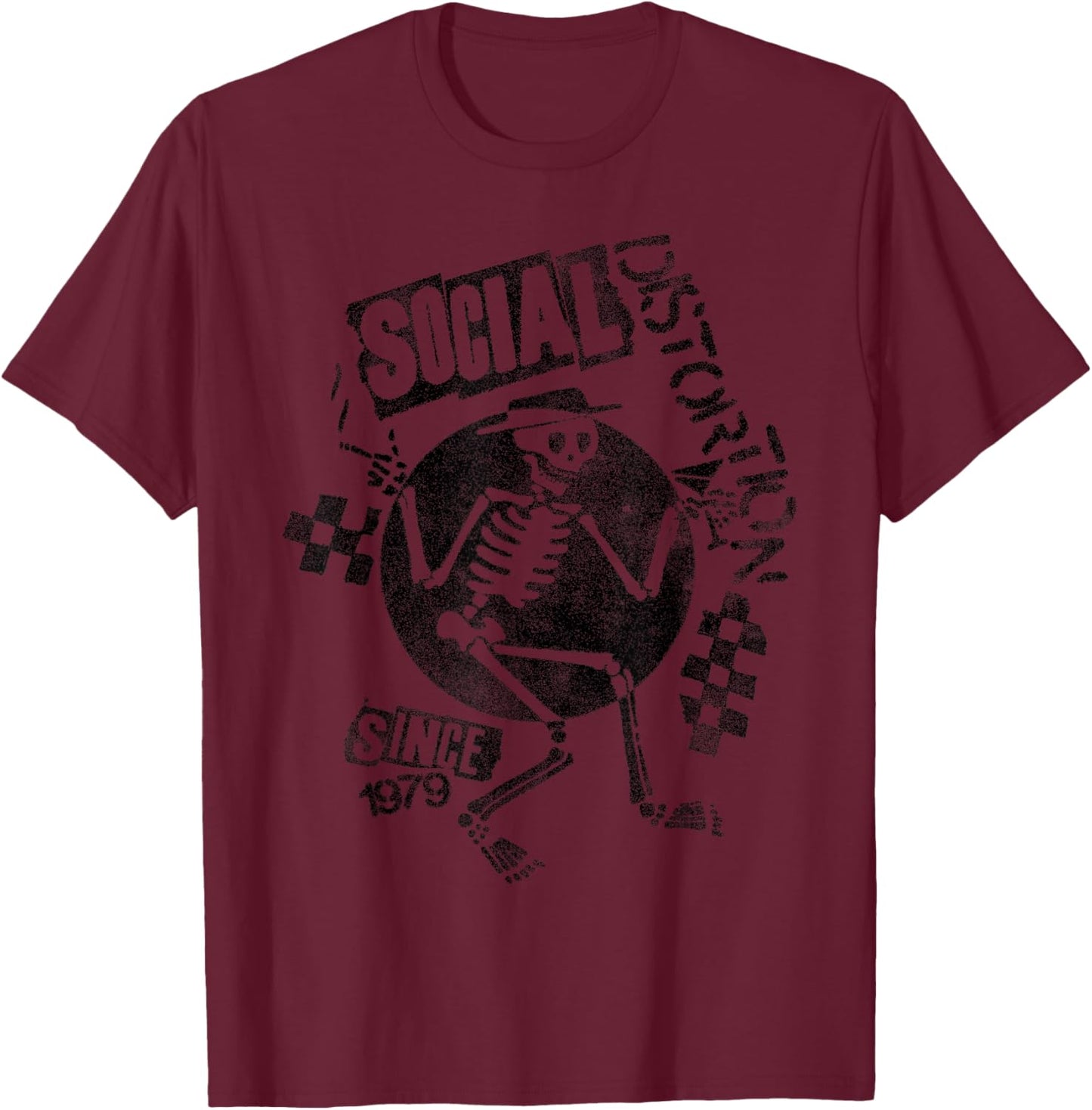 Offizielles Social Distortion Black Spray Skelly T-Shirt - T-Shirt | Maroon