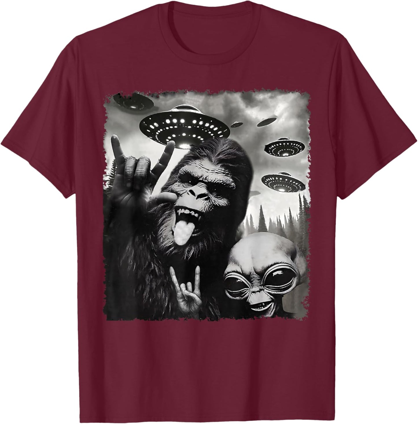 Funny Bigfoot Alien Sasquatch Rock On Hand Sign UFO Selfie T-Shirt - T-Shirt | Maroon