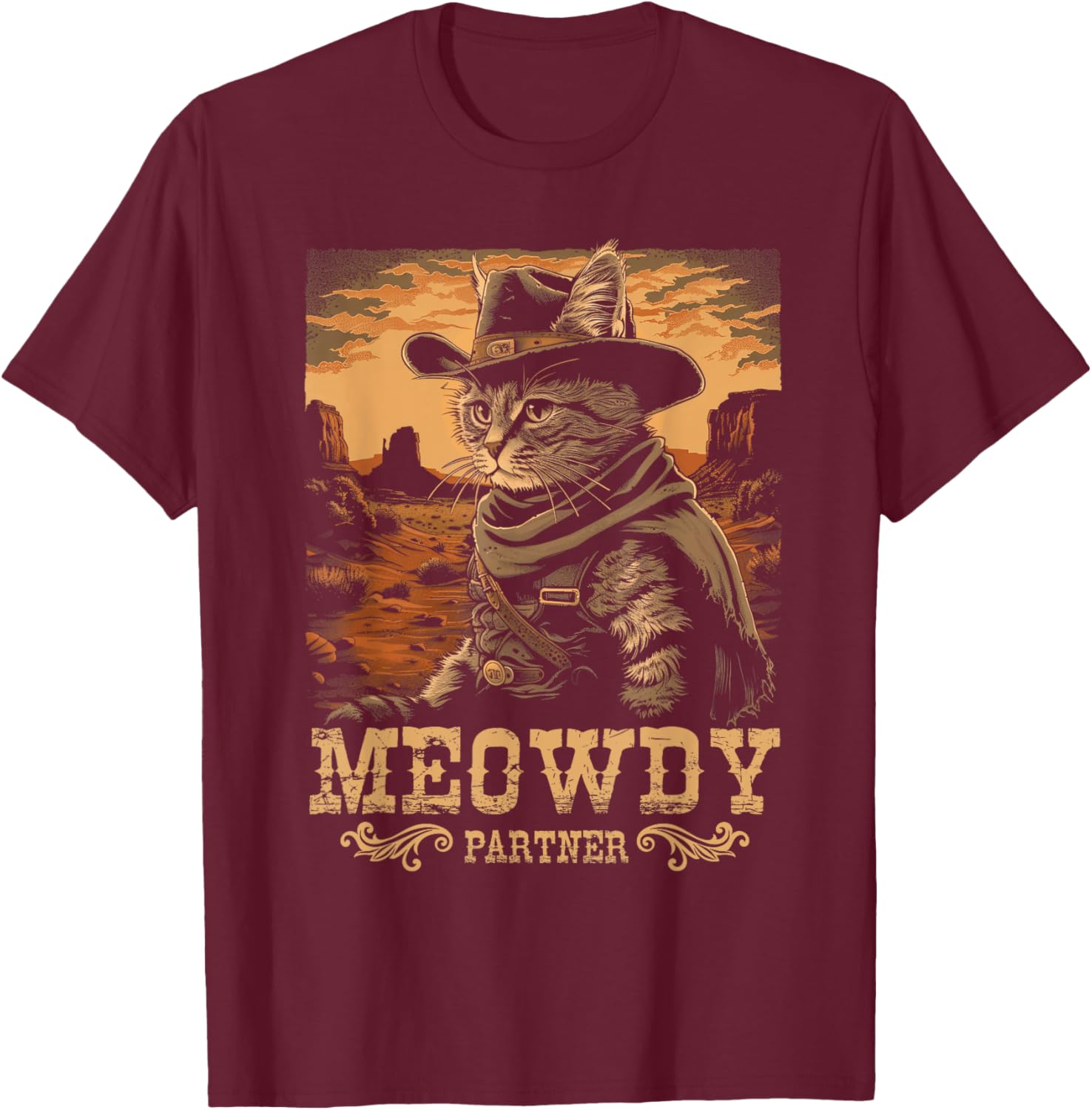 Meowdy Cute Kitten Funny Cat Cowboy Hat Country Love Animal T-Shirt - T-Shirt | Maroon