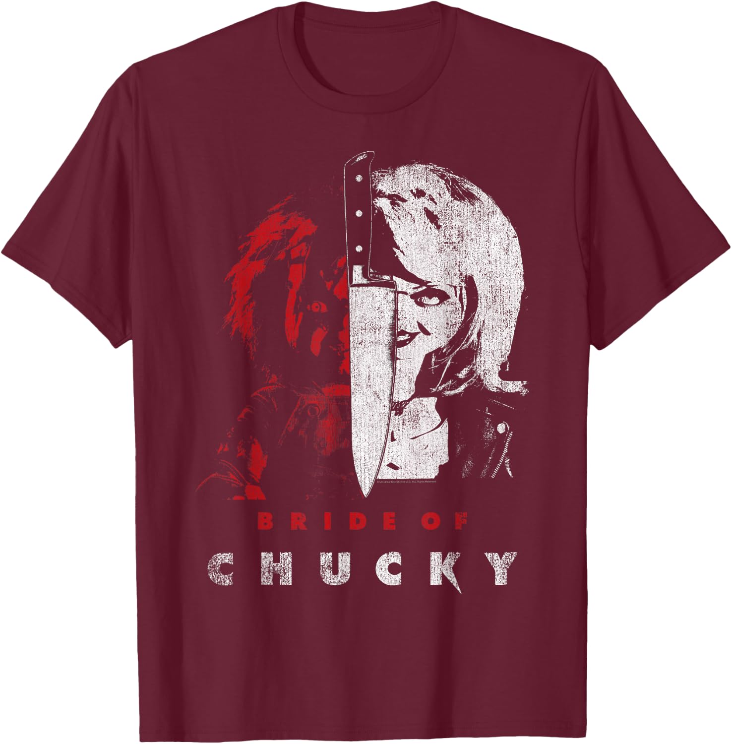 Child's Play Bride of Chucky Split Portrait T-Shirt - T-Shirt | Maroon