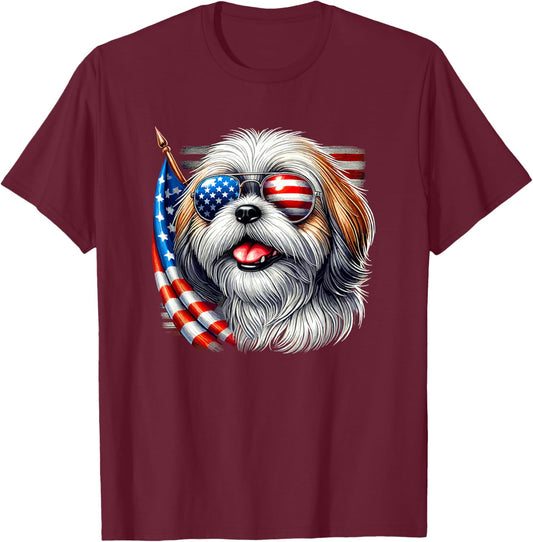 American USA Flag Shih Tzu Shih Tzus 4th Of July Patriotic T-Shirt - T-Shirt | Maroon