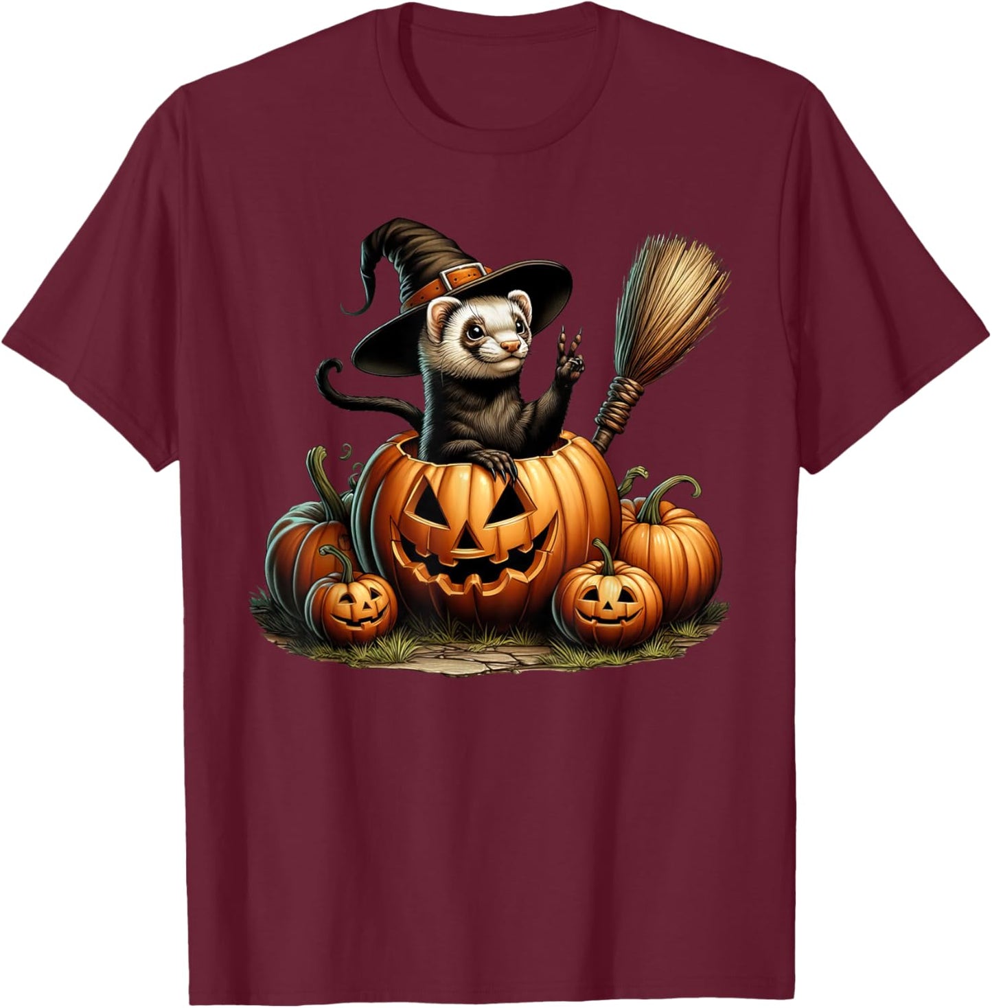 Funny Ferret Witch Pumpkin Halloween Kids T-Shirt - T-Shirt | Maroon