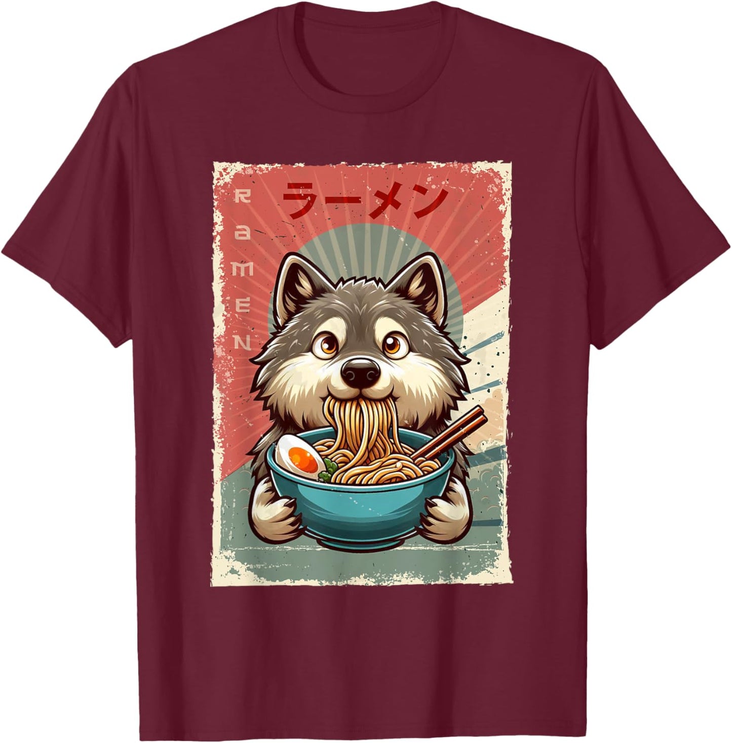 Wolf Eating Ramen Japanese Noodles Soup T-Shirt - T-Shirt | Maroon
