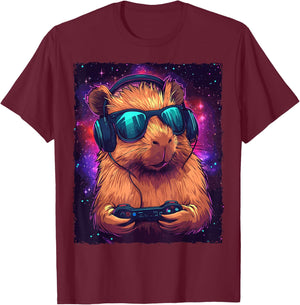 Funny - Capybara Video Games - , Black, Small, Short Sleeve, , Modern, Cartoon, Fun, All Seasons T-Shirt - T-Shirt | Maroon