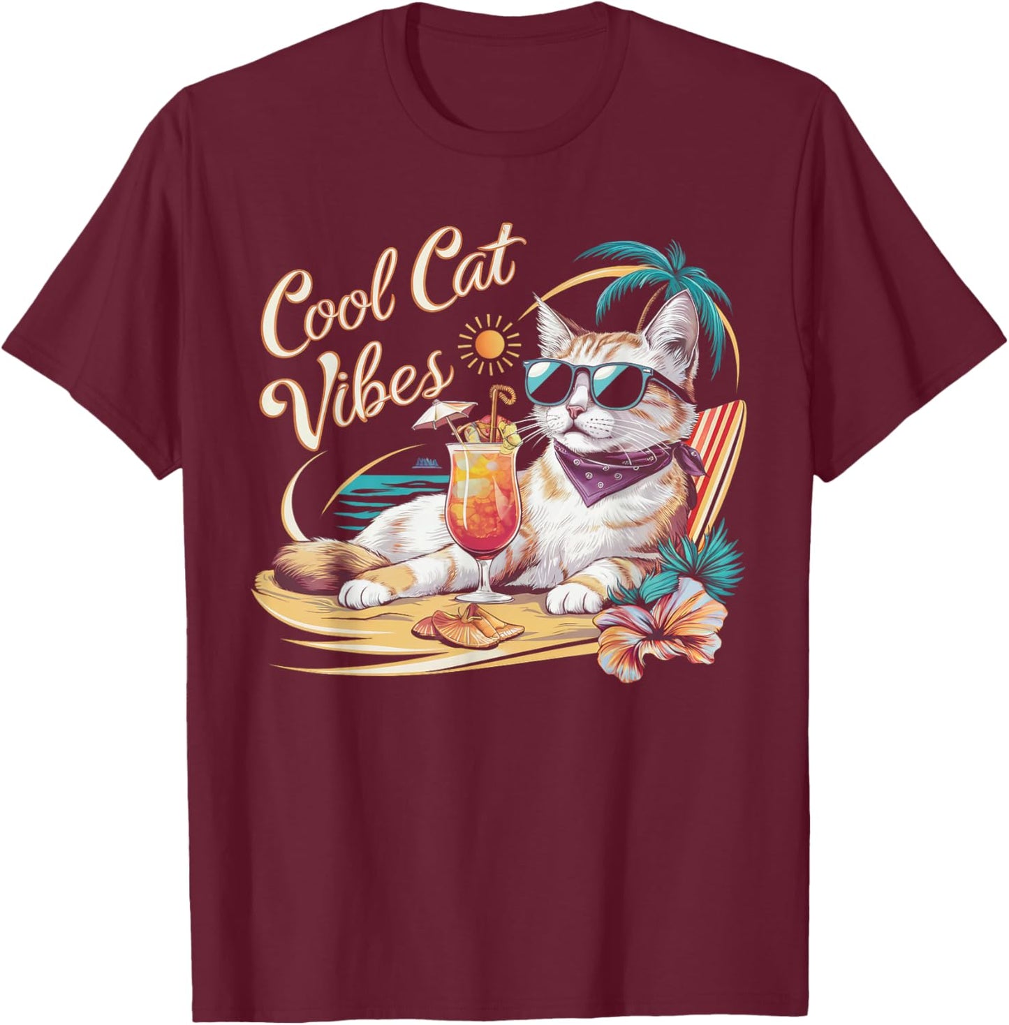 Cool Cat Vibes, A chic Fashionable Cat Tropical Beach T-Shirt - T-Shirt | Maroon