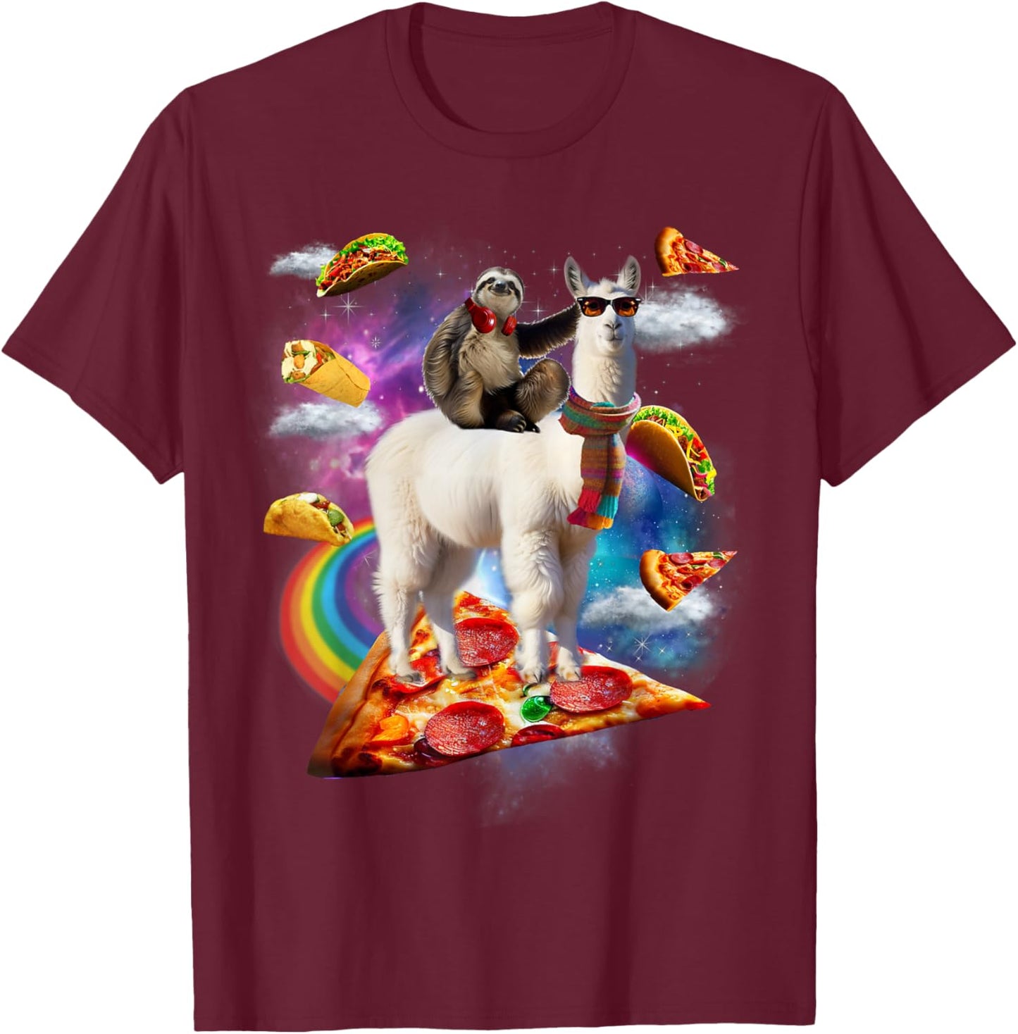 Sloth Riding Llama Shirt - Galaxy Pizza Taco Burrito Gift T-Shirt - T-Shirt | Maroon