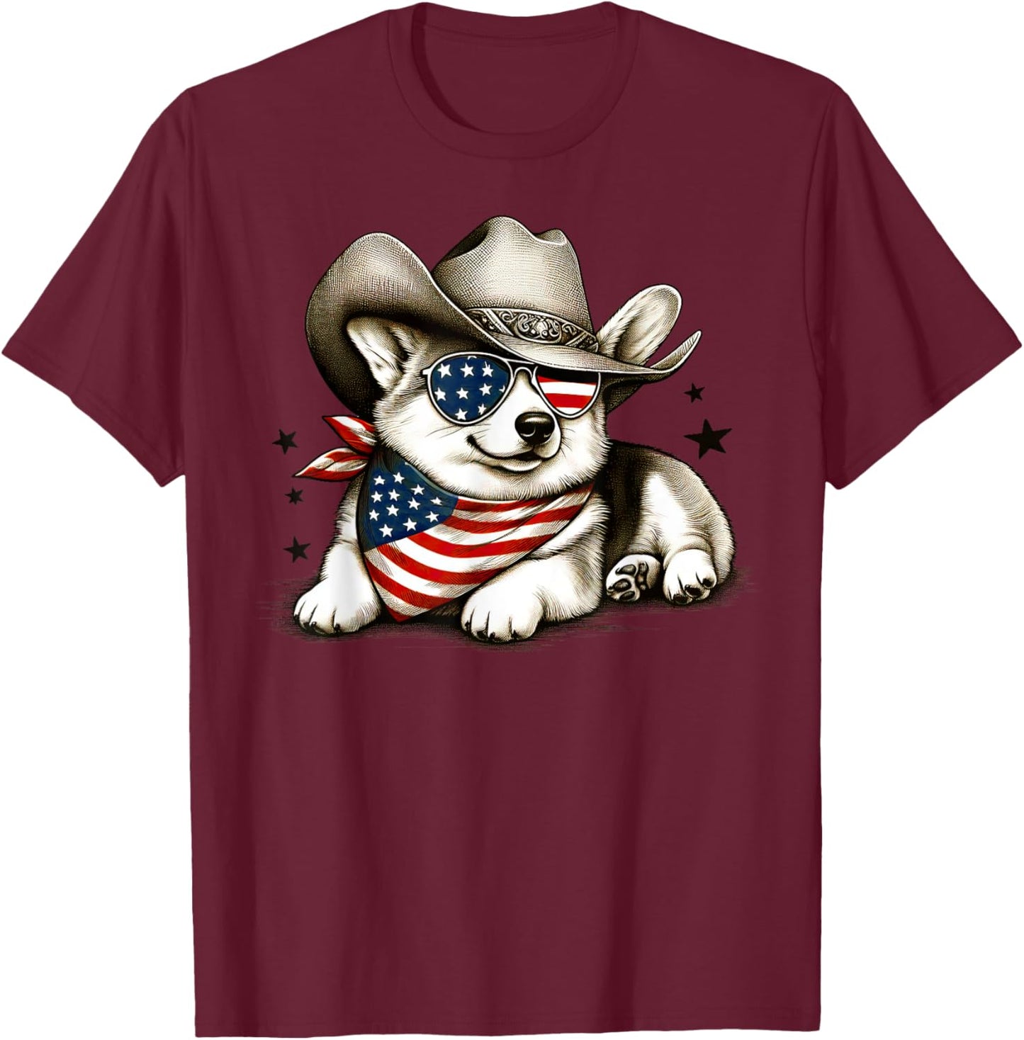 Corgi Cowboy Hat 4th of July American Flag USA Patriotic Dog T-Shirt - T-Shirt | Maroon