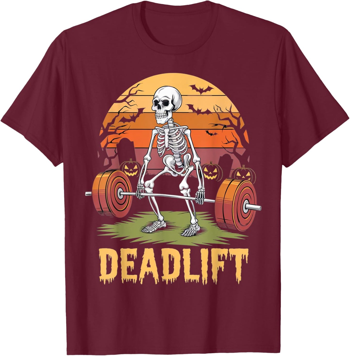 Halloween Deadlift Skeleton Gym Workout Weight Lifting T-Shirt - T-Shirt | Maroon
