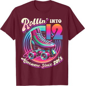 Birthday Roller Skating 12th Girl Rollin into 12 Skate Party T-Shirt - T-Shirt | Maroon