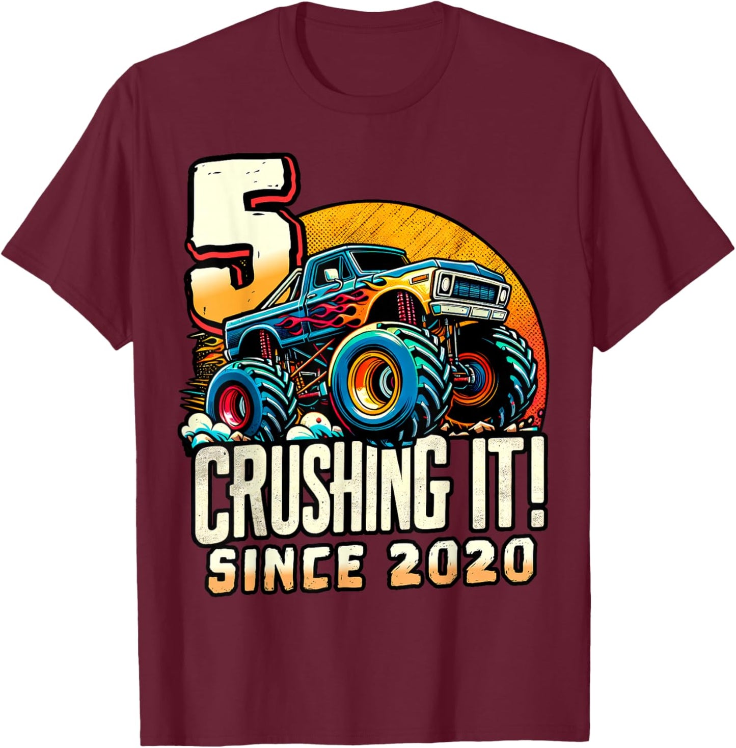 Birthday Monster Truck 5 year Old Boys 5th Party Born 2020 T-Shirt - T-Shirt | Maroon