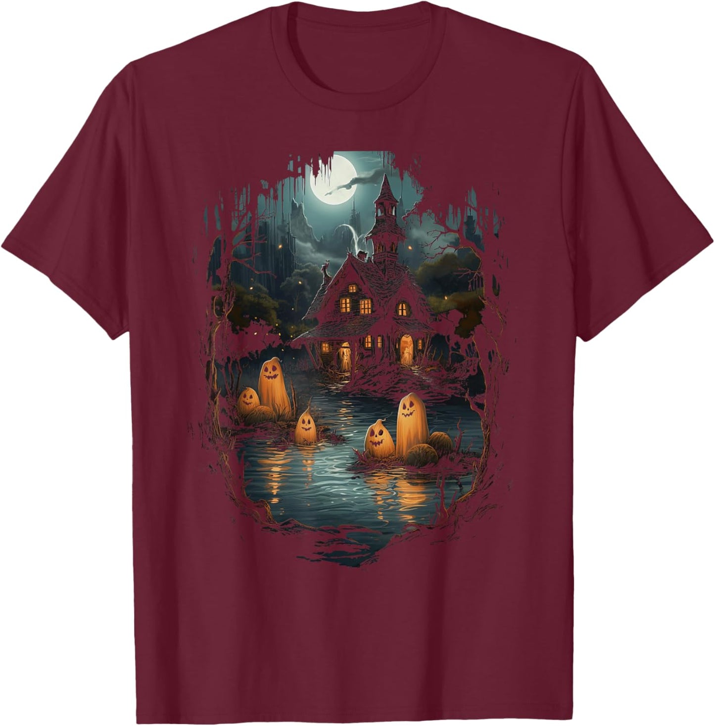 Vintage Ghost and Skeleton by Fire Camping Gothic Halloween T-Shirt - T-Shirt | Maroon