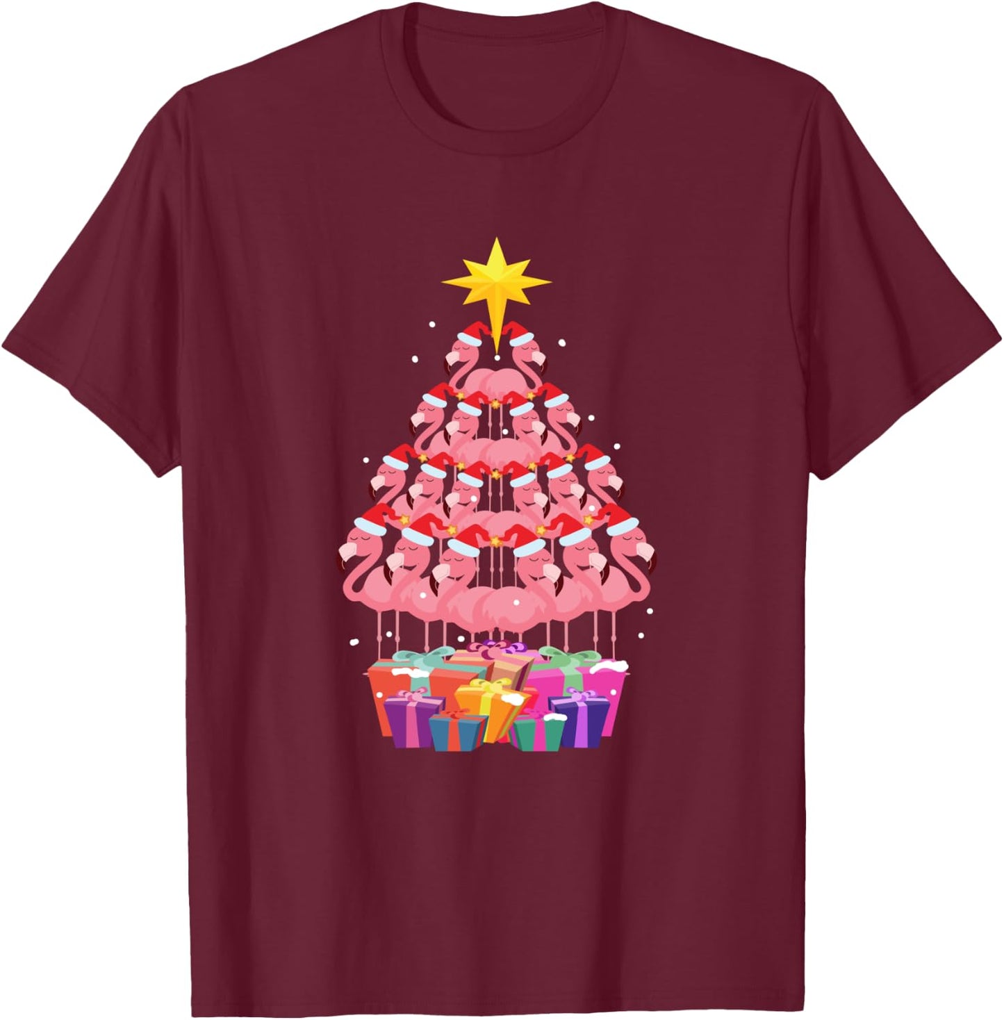 Flamingo Ugly Christmas Tree Funny Gift T-Shirt - T-Shirt | Maroon