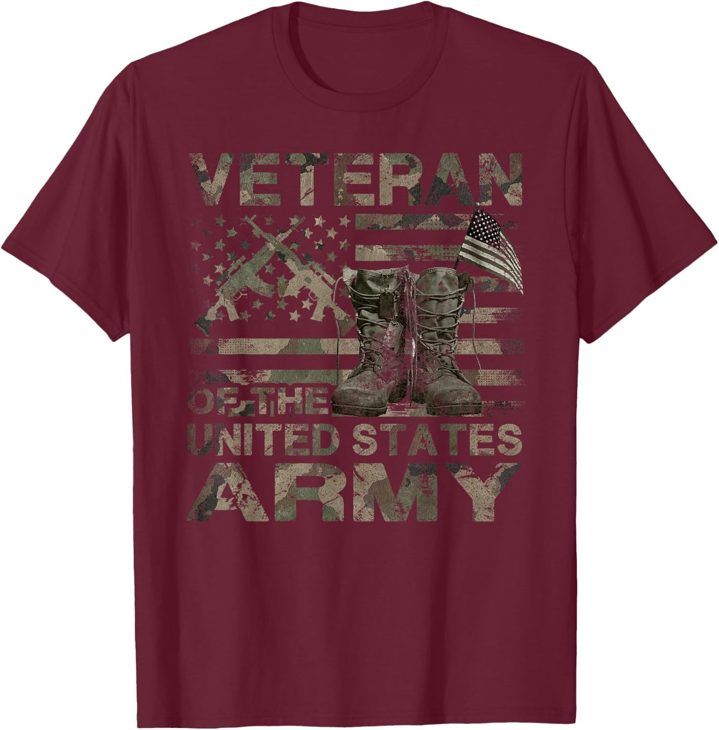 Distressed American Flag Camouflage Proud US Army Veteran T-Shirt - T-Shirt | Maroon