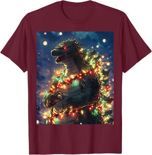 Japanese Monster Kaiju Santazilla Christmas Tree Lights T-Shirt - T-Shirt | Maroon
