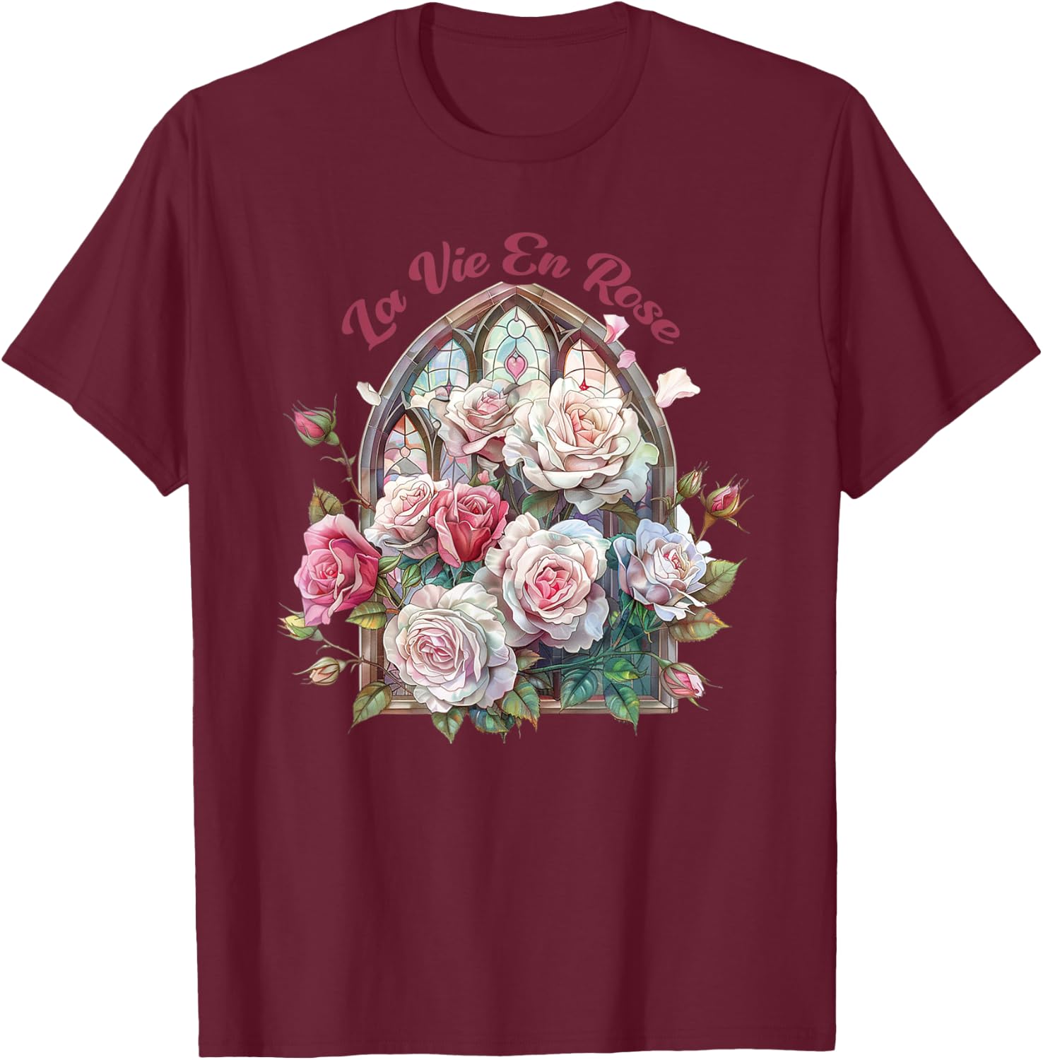 La Vie En Rose, Roses & Stained glass window, Vintage Rose T-Shirt - T-Shirt | Maroon