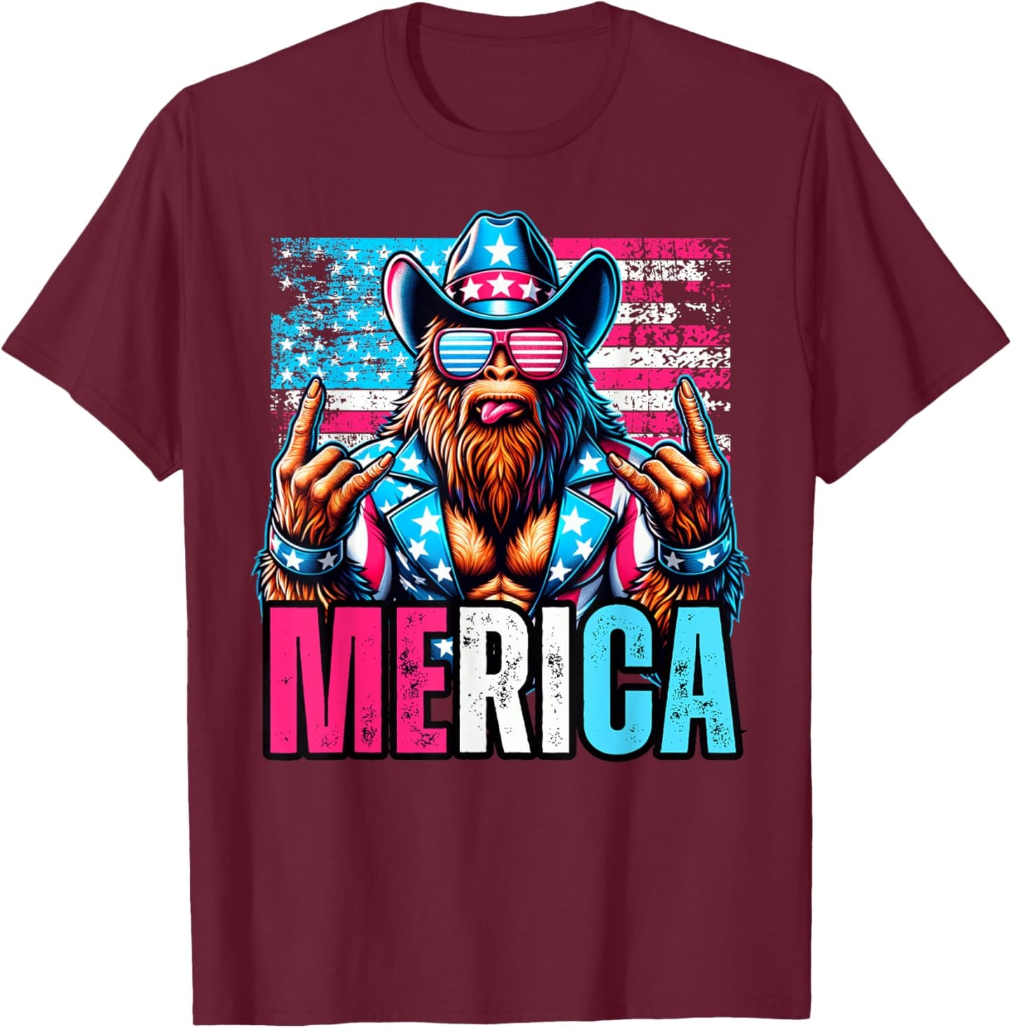 Sasquatch Merica 4th Of July American Flag Cowboy Rocker T-Shirt - T-Shirt | Maroon