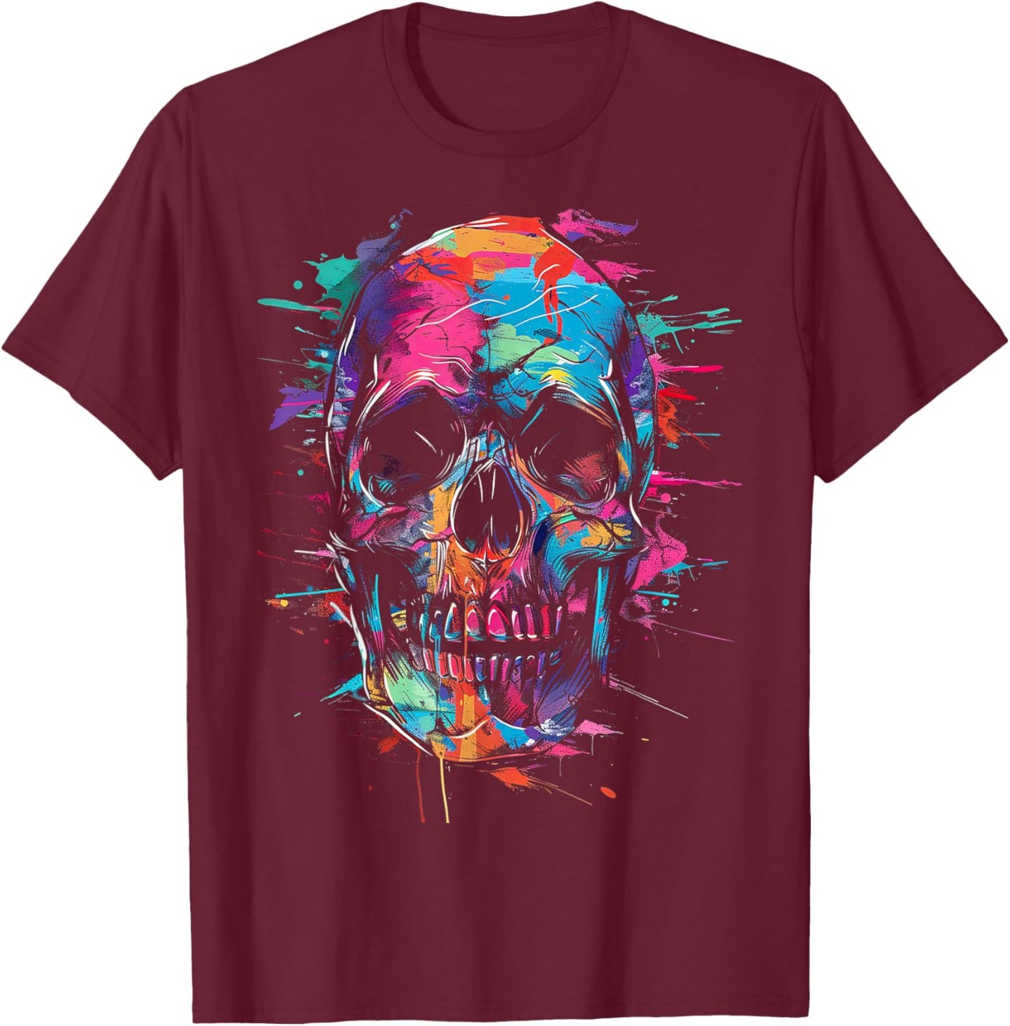 Farbspritzer mit Buntem Totenkopf T-Shirt - T-Shirt | Maroon