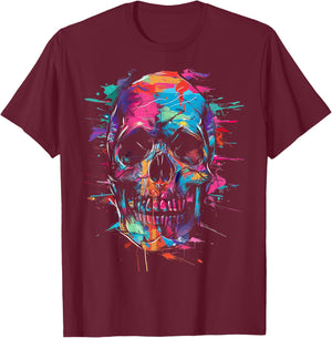 Colorful Skull Abstract Paint Splatter T-Shirt - T-Shirt | Maroon