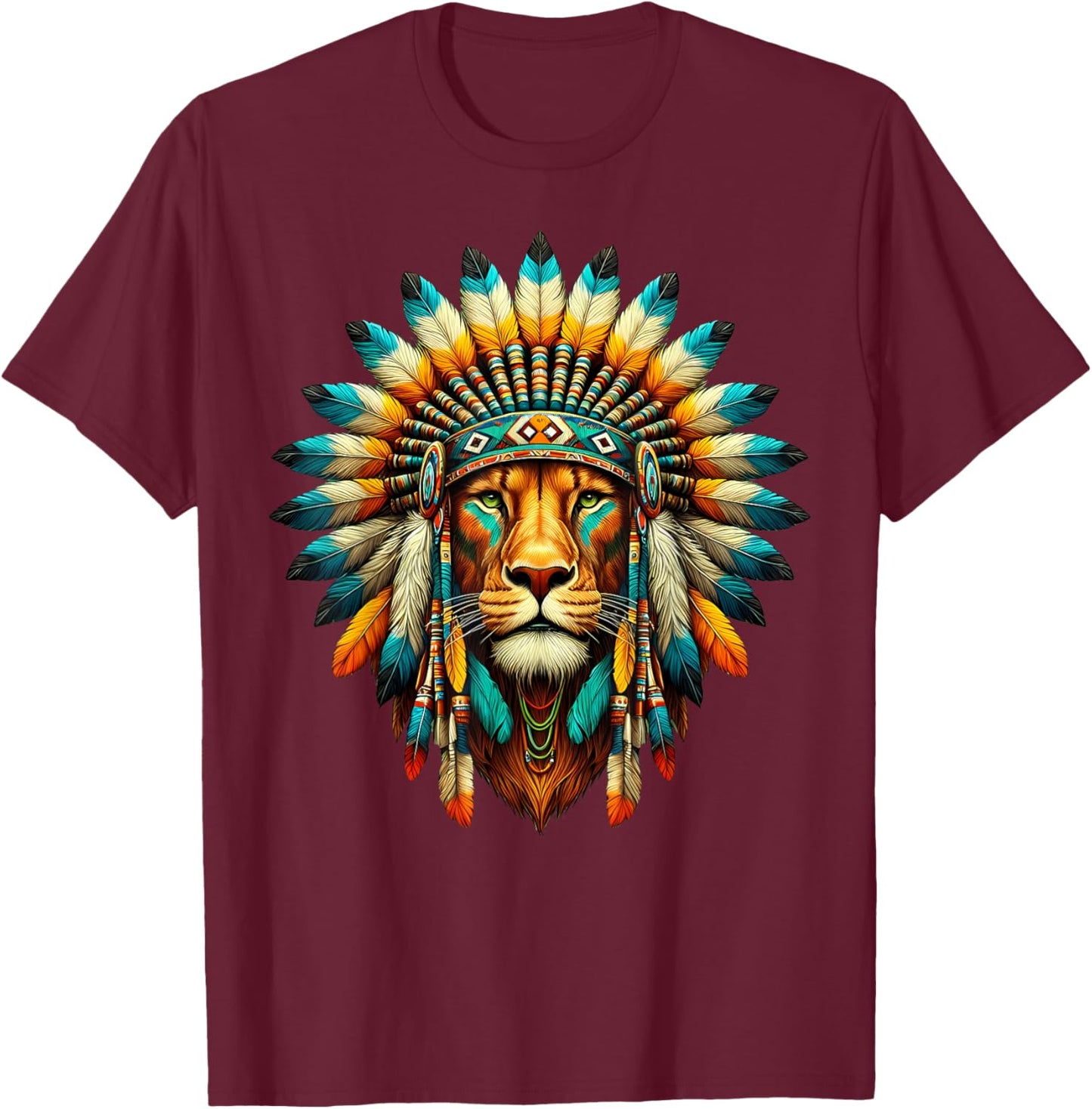 Native Indian Lion Native American Indian Feathers T-Shirt - T-Shirt | Maroon