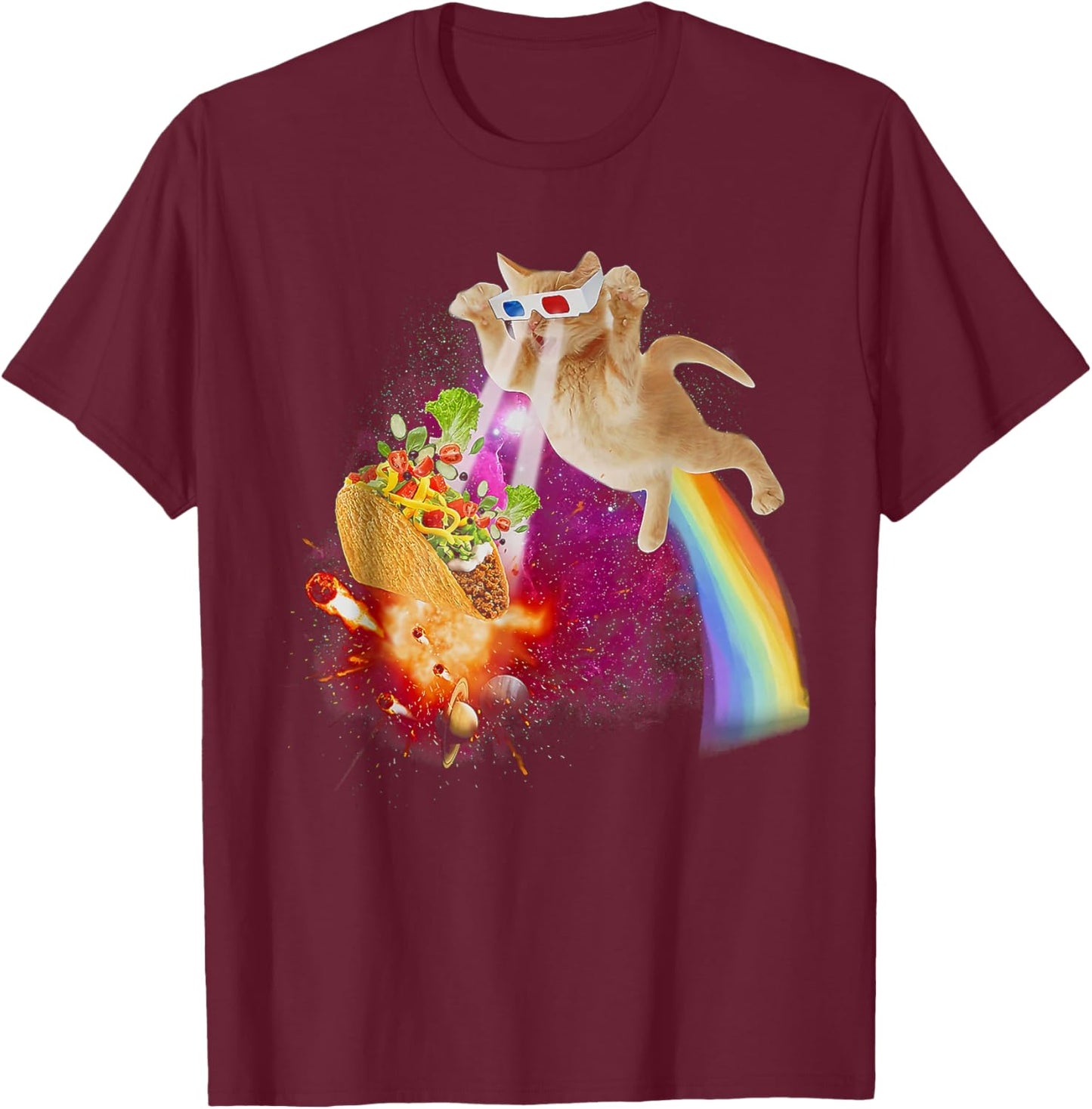 Funny Space Cat Laser Taco Galaxy Kitten Rainbow Cat T-Shirt - T-Shirt | Maroon