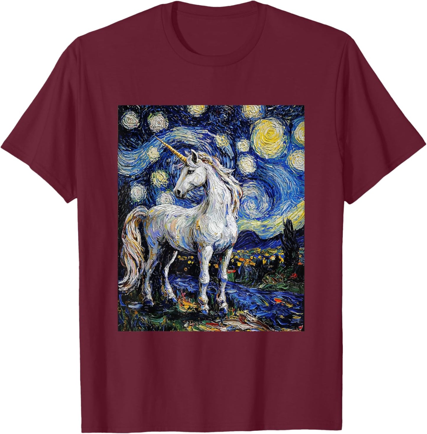 Cute Unicorn - Van Gogh Style - Starry Night T-Shirt - T-Shirt | Maroon