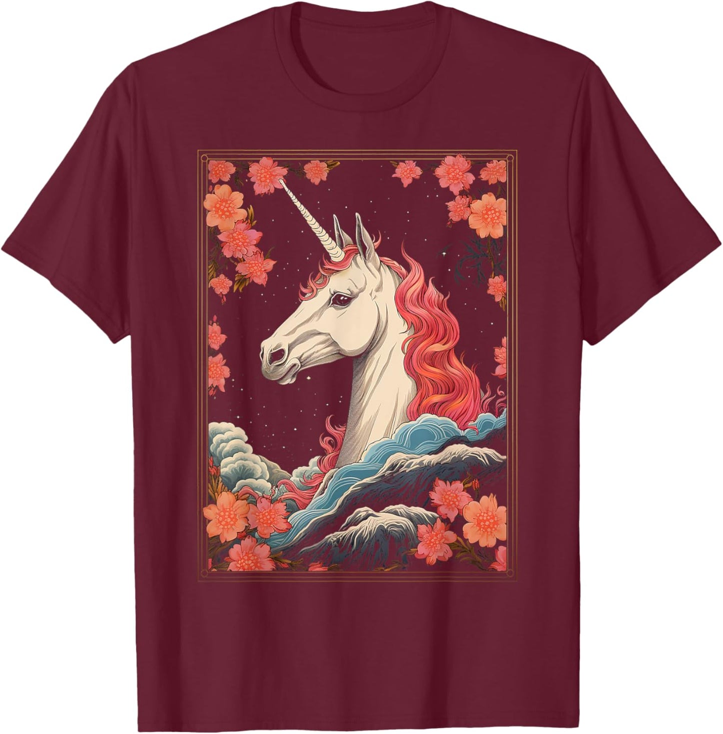 Unicorn Flowers Animal Nature Motif Unicorn T-Shirt - T-Shirt | Maroon