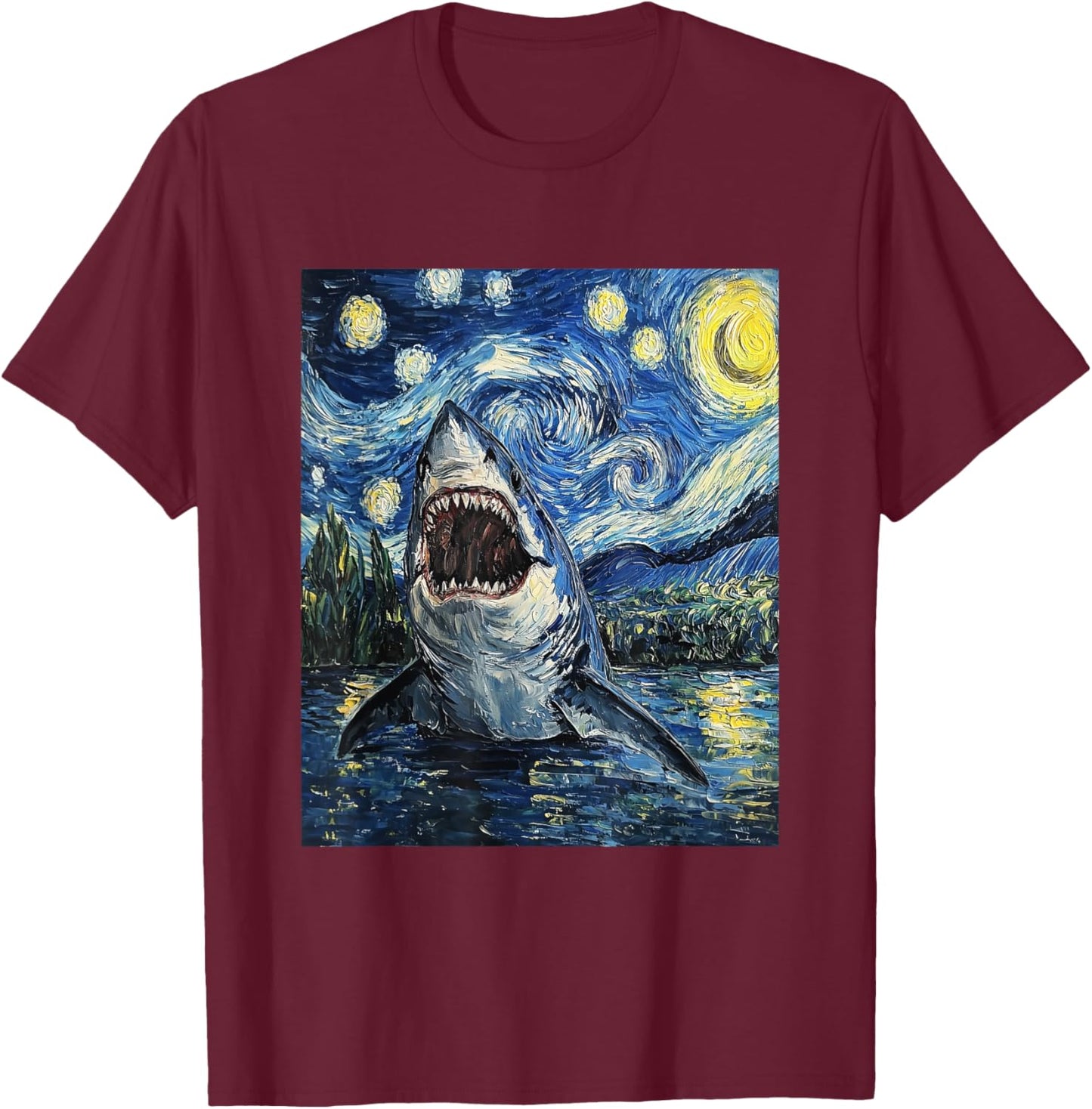 Funny Shark - Van Gogh Style - Starry Night T-Shirt - T-Shirt | Maroon