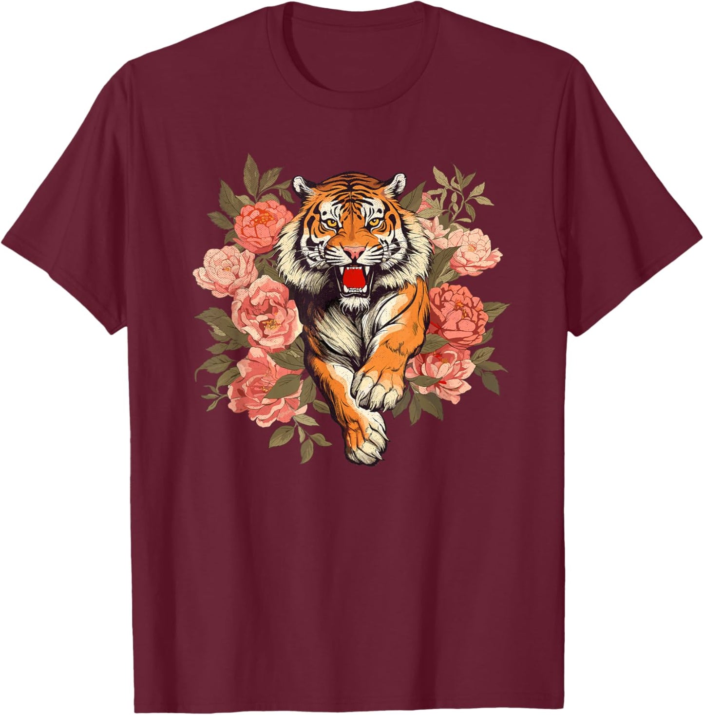 Floral Tiger Animal Graphic Men Women Nature Floral T-Shirt - T-Shirt | Maroon