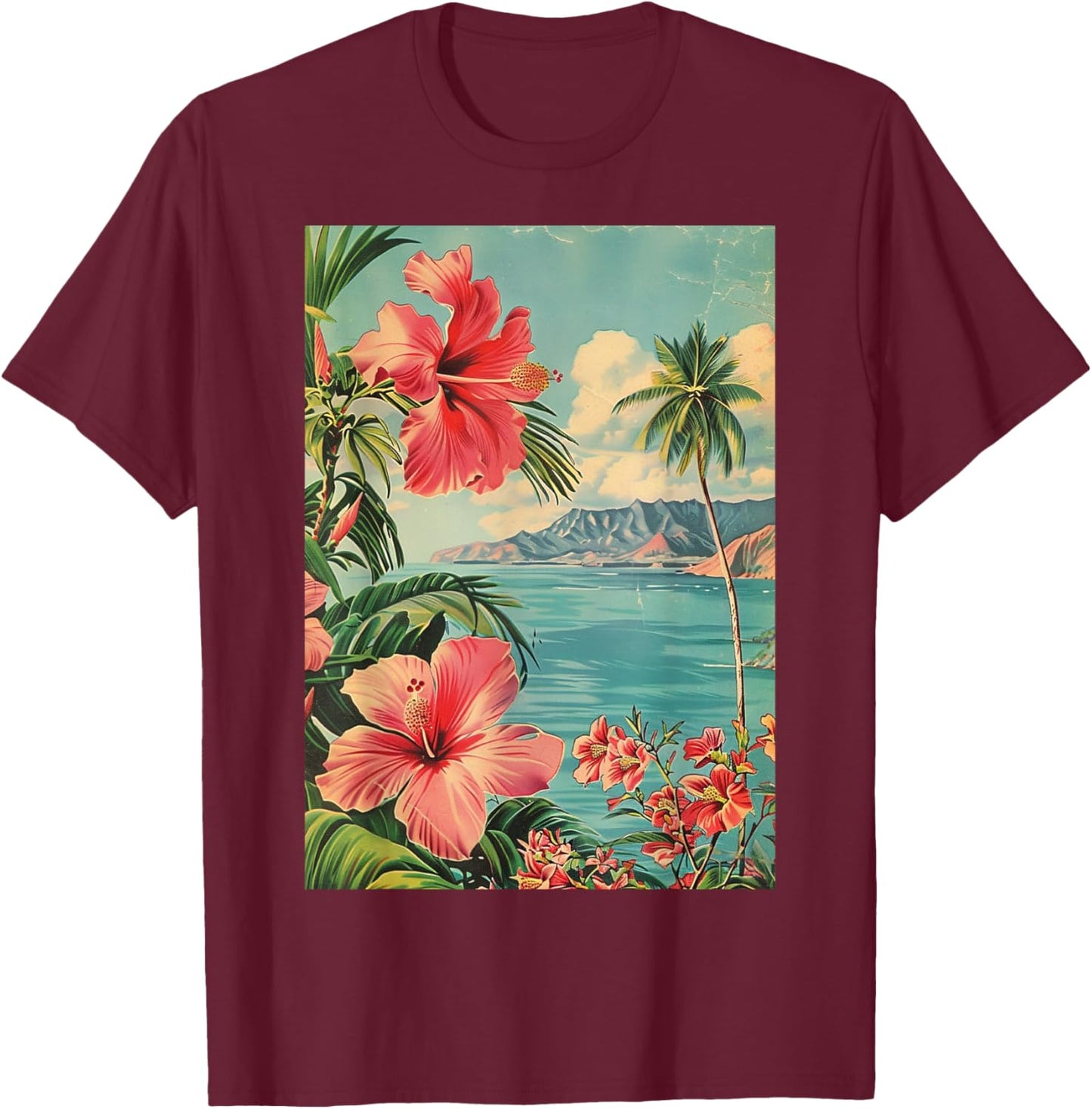 Vintage Hawaiian Beach Aesthetic Art T-Shirt - T-Shirt | Maroon
