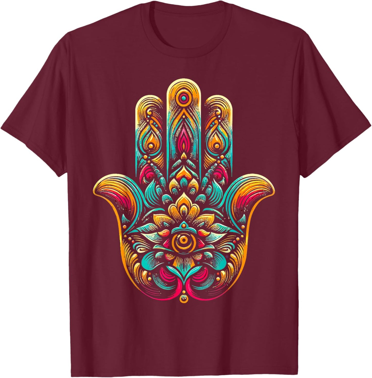 Hamsa Hand Mandala Yoga Fatima Hand Symbol Boho T-Shirt - T-Shirt | Maroon