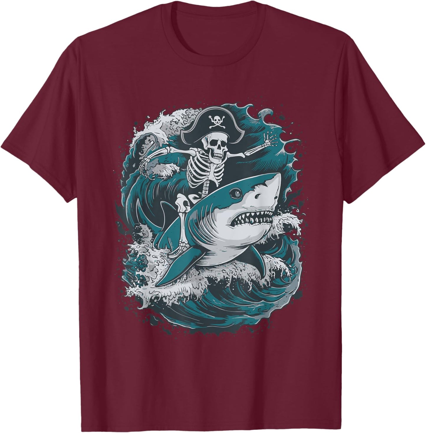 Skeleton Riding Shark T-Shirt - T-Shirt | Maroon
