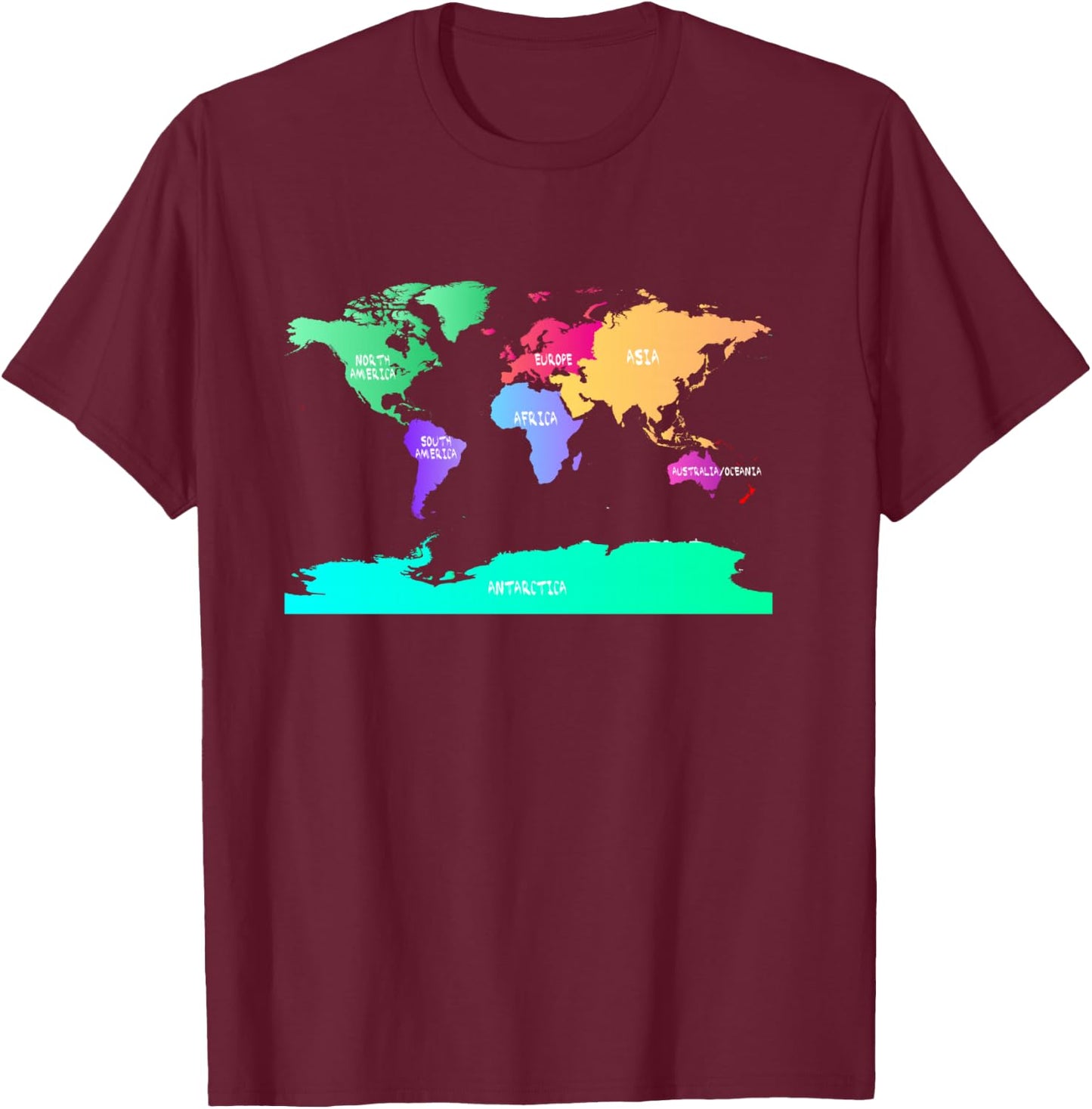 World Map of All Seven Continents T-Shirt - T-Shirt | Maroon