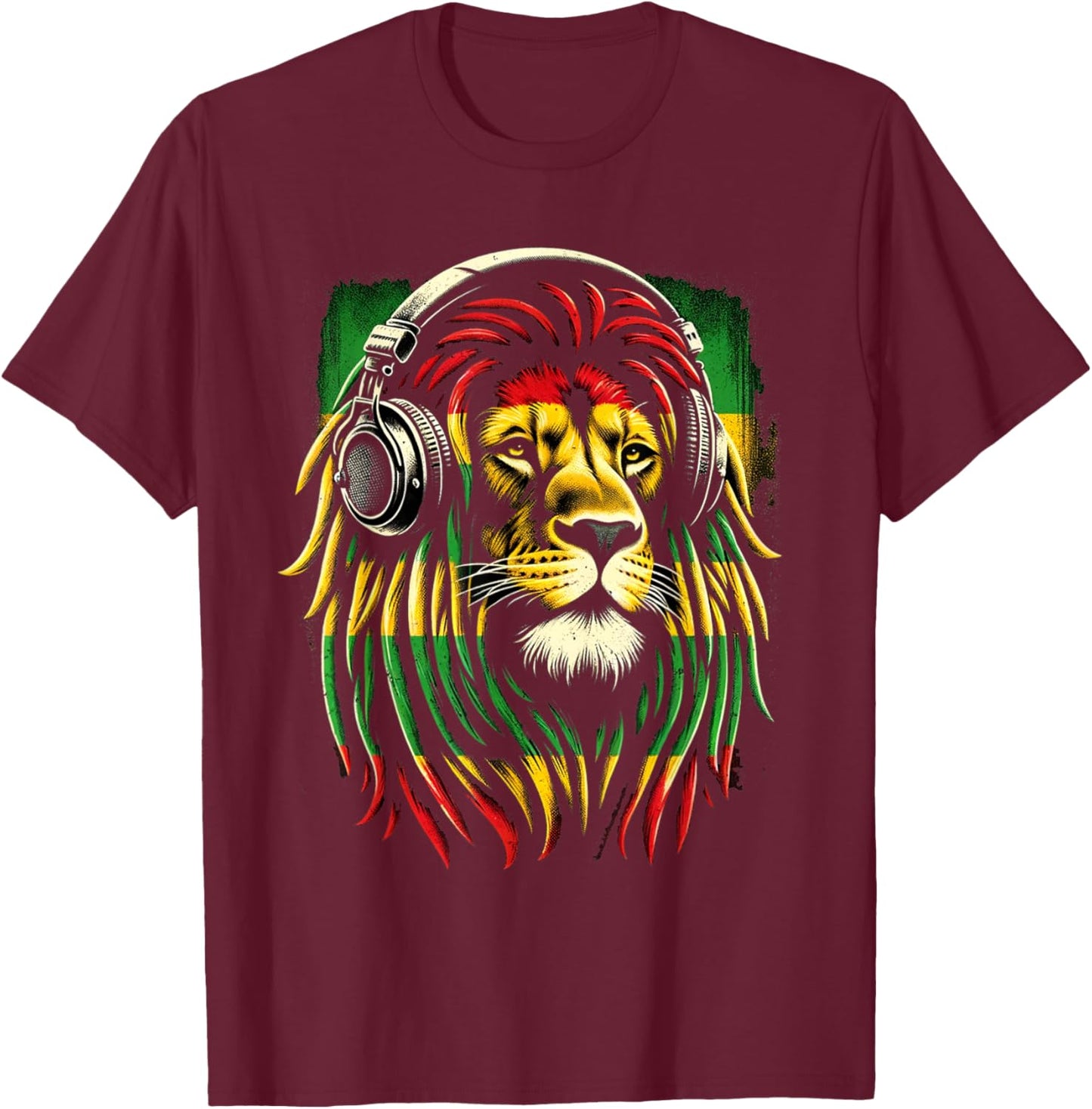 Reggae Lion Roar: Rasta with Headphones Vibe T-Shirt - T-Shirt | Maroon