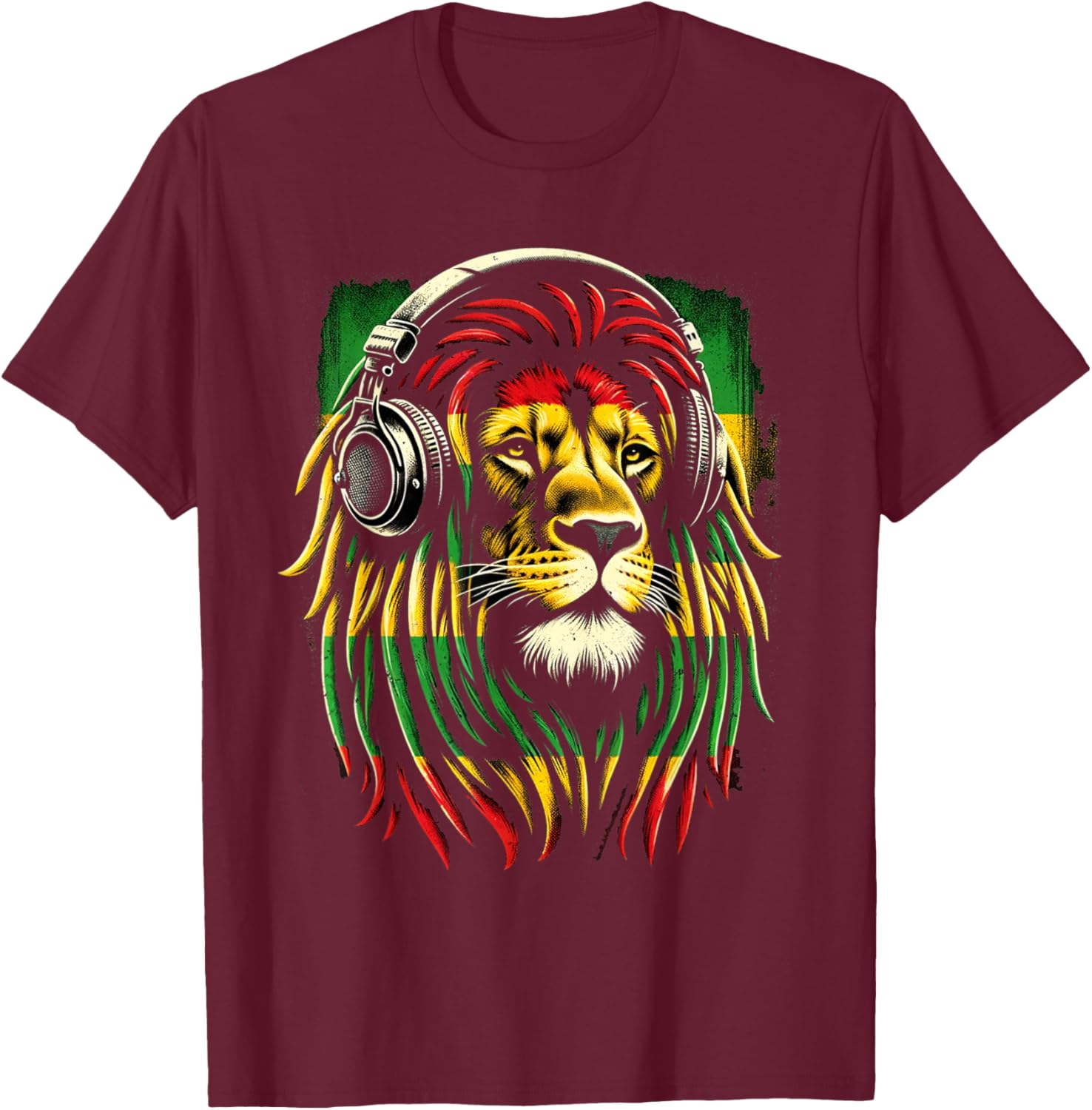 Reggae Lion Roar: Rasta with Headphones Vibe T-Shirt - T-Shirt | Maroon