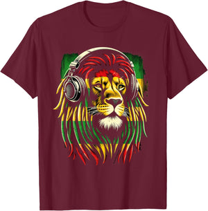 Reggae Lion Roar: Rasta with Headphones Vibe T-Shirt - T-Shirt | Maroon