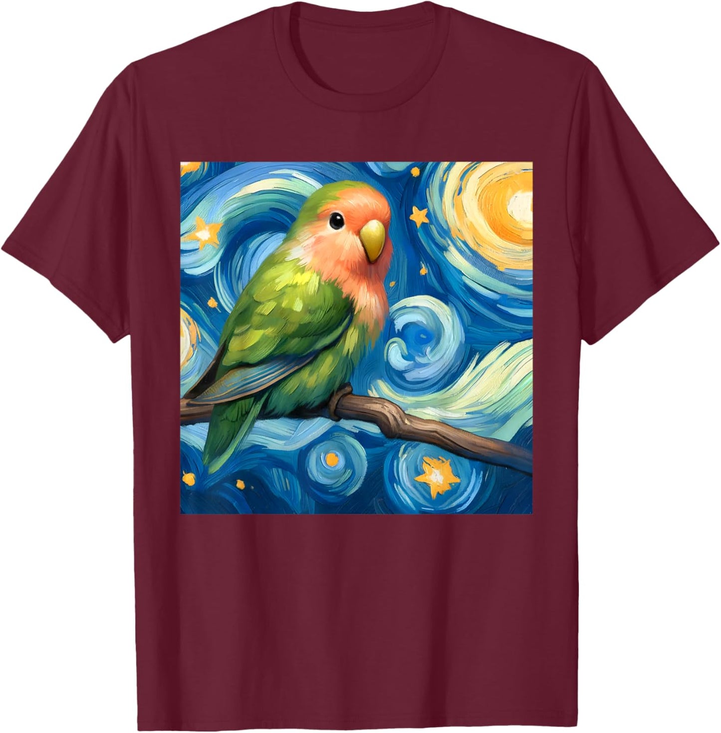 Rosy-faced Green Lovebird Parrot Starry Night Sky Van Gogh T-Shirt - T-Shirt | Maroon