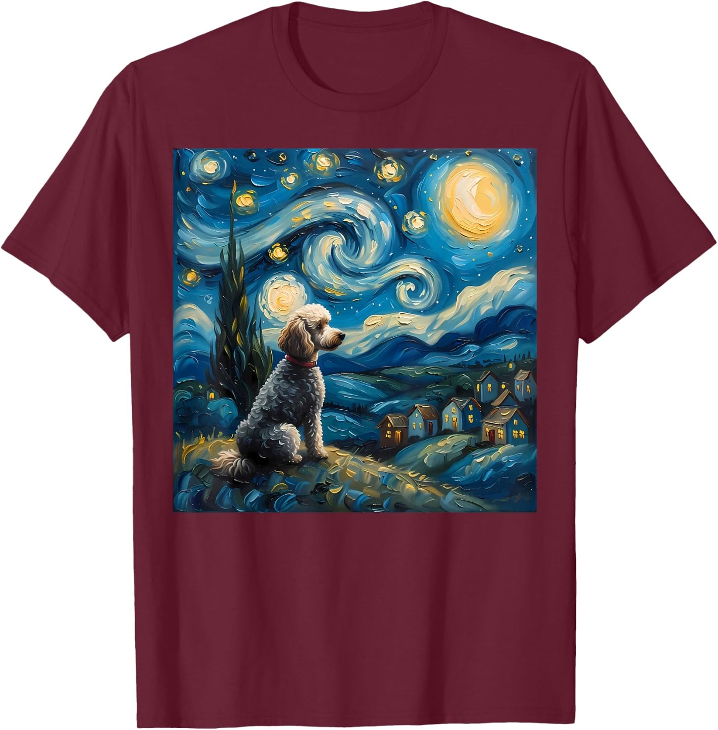 Poodle Dog Lovers The Starry Night Van Gogh Style Painting T-Shirt - T-Shirt | Maroon