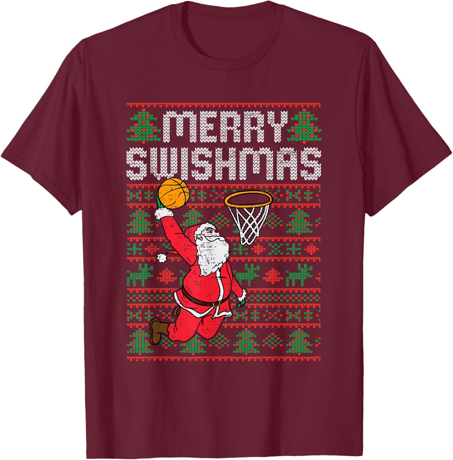 Basketball Ugly Christmas Xmas Santa Sports Men Boys Kids T-Shirt - T-Shirt | Maroon
