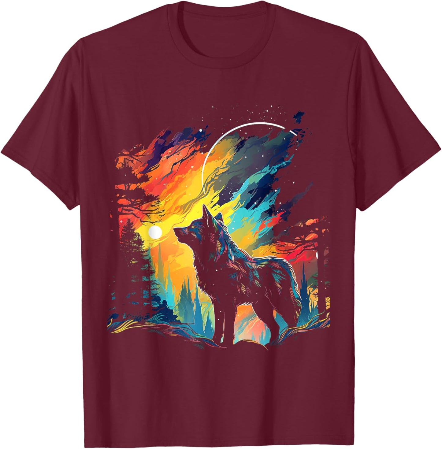 Wolf Nature Art Animal Colorful Abstract Graphic Wolf T-Shirt - T-Shirt | Maroon