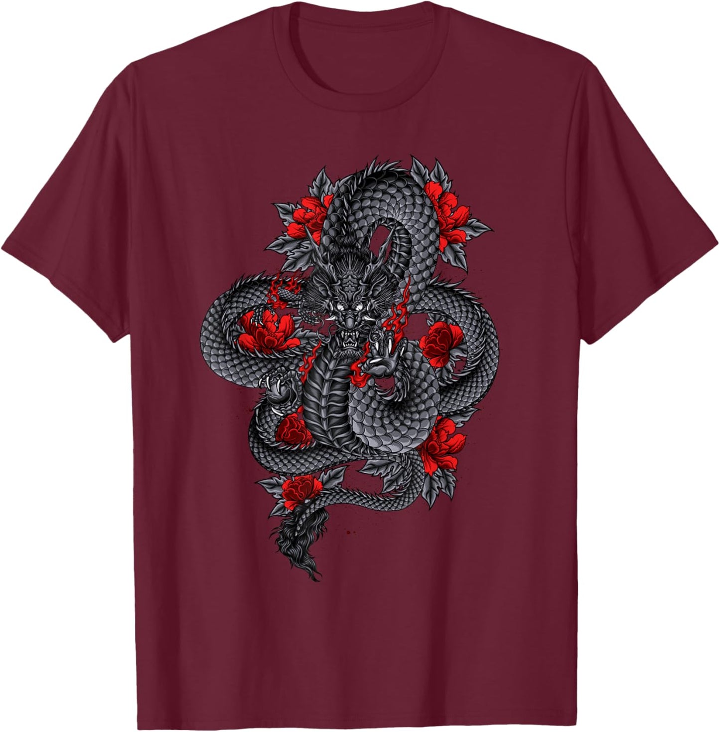 Black Dragon With Red Flowers T-Shirt - T-Shirt | Maroon