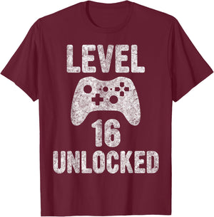 Cute Video Gamer 16th Birthday Gift Level 16 Unlocked T-Shirt - T-Shirt | Maroon