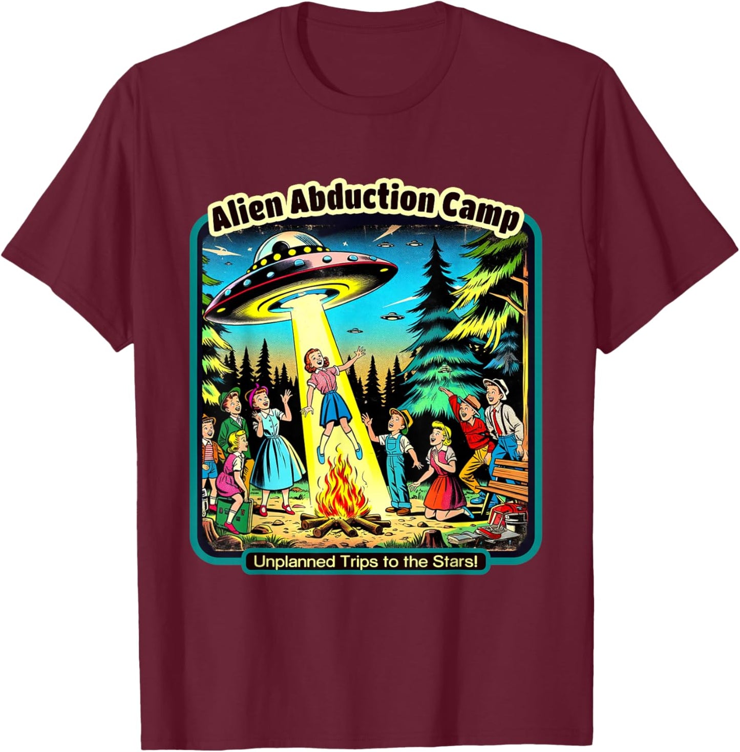 Funny Vintage Alien Abduction Camp UFO Alien T-Shirt - T-Shirt | Maroon