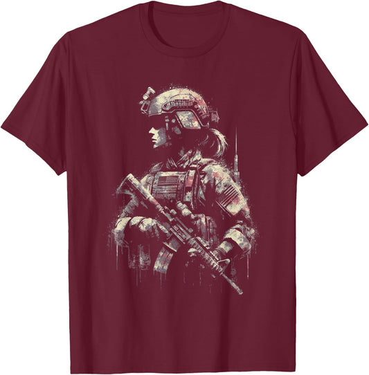 Female Soldier American Flag - Patriotic USA Veteran T-Shirt - T-Shirt | Maroon
