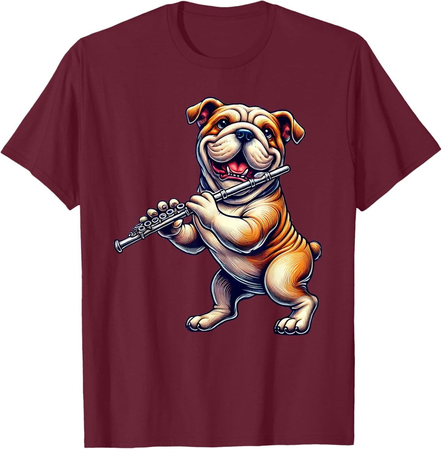 Cute English Bulldog Dog Playing Flute Musician Music T-Shirt - T-Shirt | Maroon