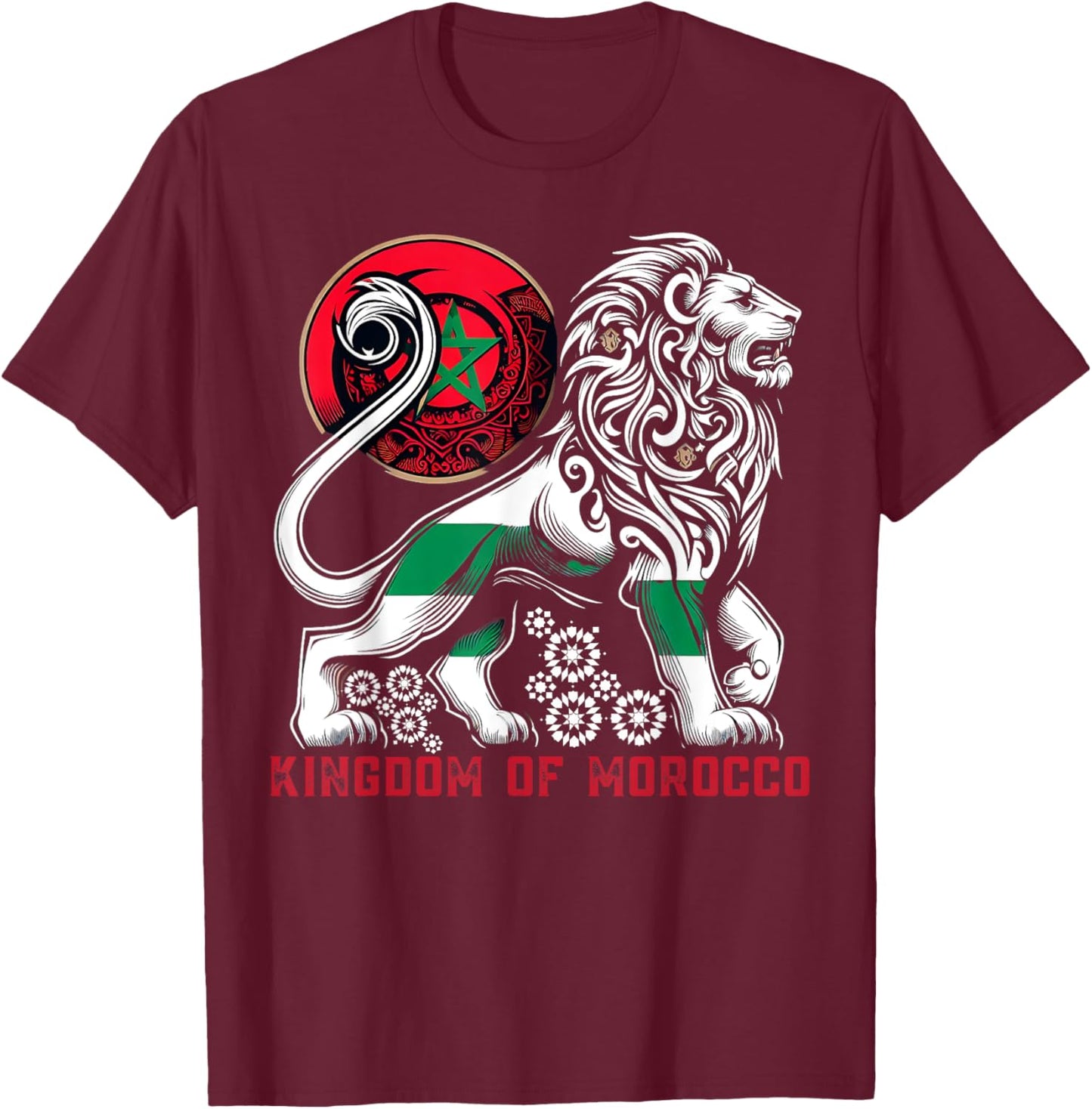 Majestic Moroccan Lion Design with Kingdom Emblem, maroc T-Shirt - T-Shirt | Maroon